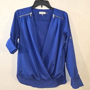 Calvin Klein Top Women Size S Royal Blue Drape Front Wrap Roll Tab Long Sleeve